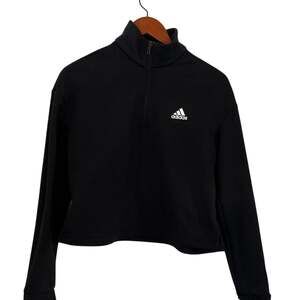 Adidas Essentials Fleece Black & White Cropped 1/4 Zip Pullover Sweatshirt, M